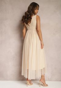 Renee - Beżowa Maxi Sukienka o Rozkloszowanym Kroju z Koronką i Tiulem Herdolia. Kolor: beżowy. Materiał: tiul, koronka. Wzór: koronka. Długość: maxi