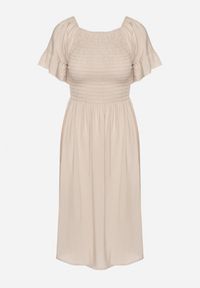 Born2be - Jasnobeżowa Rozkloszowana Sukienka Bawełniana z Bufiastymi Rękawami i Elastyczną Górą Veliova. Okazja: na co dzień. Kolor: beżowy. Materiał: bawełna. Styl: casual, elegancki #7