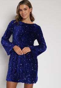Born2be - Niebieska Cekinowa Sukienka z Odkrytymi Plecami i Wiązaniem Diadina. Kolor: niebieski. Materiał: wiskoza, elastan, futro. Wzór: aplikacja. Styl: wizytowy, elegancki #2