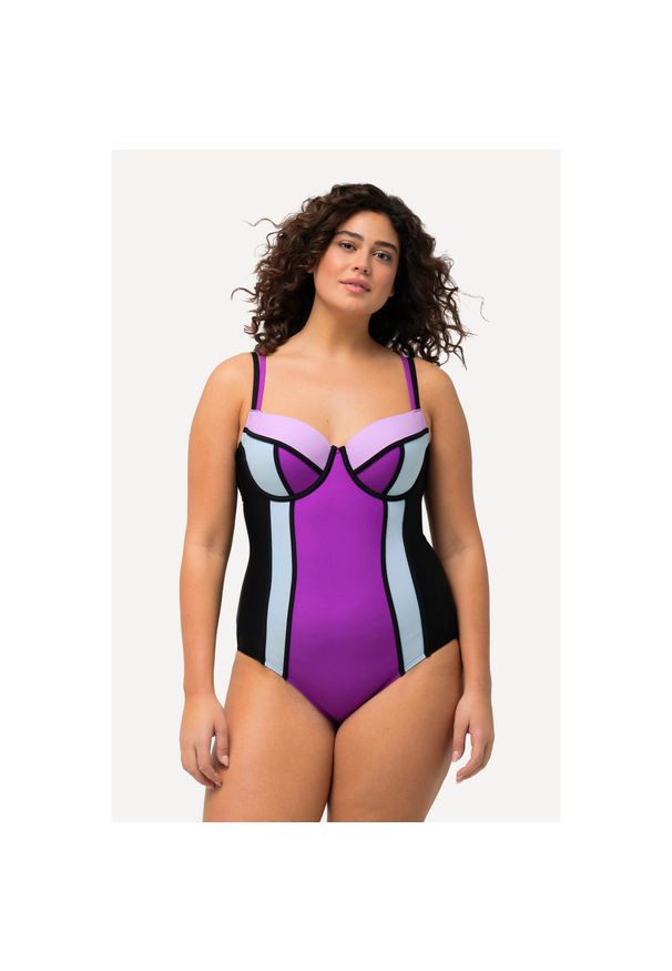 ULLA POPKEN - Damski Strój kąpielowy miękkie miseczki fiszbiny regulowane ramiączka. Kolekcja: plus size. Kolor: czarny. Materiał: poliamid, materiał, elastan