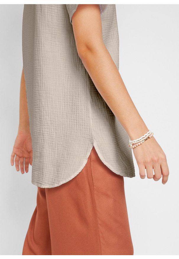 bonprix - Długa tunika muślinowa z czystej bawełny. Kolor: szary. Materiał: bawełna. Długość rękawa: krótki rękaw. Długość: krótkie, długie