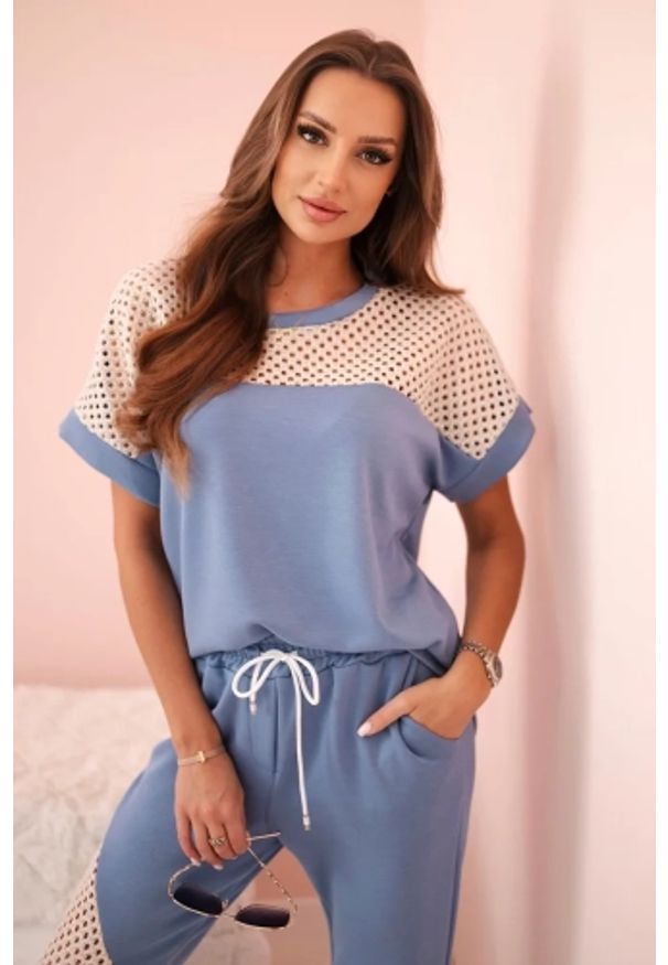 Kesi Włoski - Komplet damski masełko z ażurowymi wstawkami jeansowy. Materiał: jeans. Wzór: ażurowy