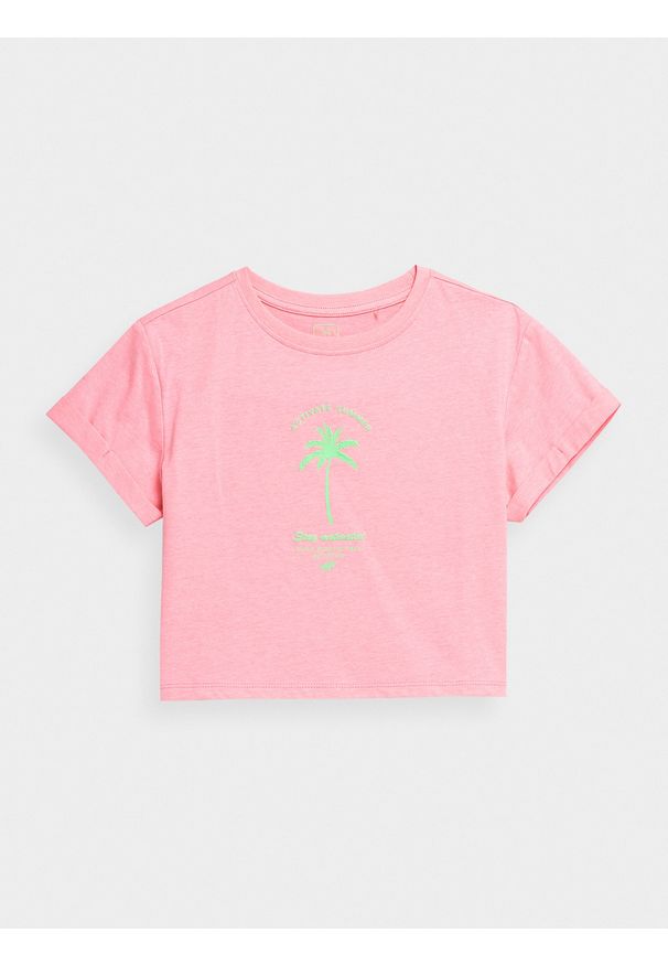 4F JUNIOR - T-shirt crop top z nadrukiem dziewczęcy. Kolor: różowy. Materiał: dzianina, bawełna. Wzór: nadruk