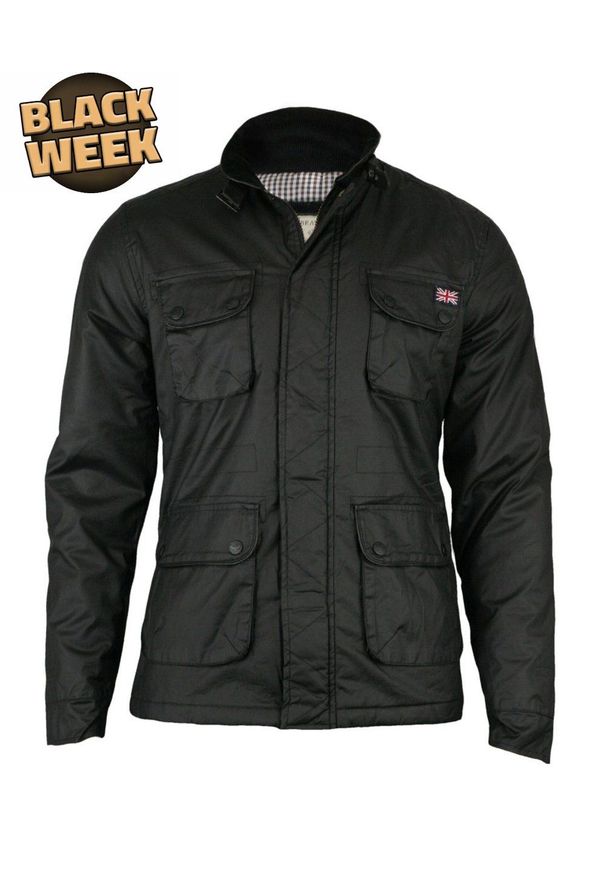 Czarna Przejściowa Kurtka, Lekko Błyszcząca, Wojskowy Krój (M65) - Brave Soul, Męska. Kolor: czarny. Materiał: poliester, tkanina, materiał, sztruks. Wzór: kratka. Styl: militarny