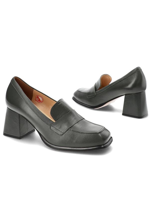 Szare Półbuty Armodo Damskie Eleganckie Buty. Okazja: na spotkanie biznesowe. Zapięcie: bez zapięcia. Kolor: szary. Materiał: skóra. Szerokość cholewki: normalna. Obcas: na obcasie. Styl: elegancki. Wysokość obcasa: średni
