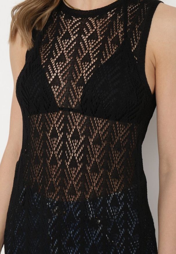 Born2be - Czarna Ażurowa Tunika Boho bez Rękawów Kimalia. Okazja: na co dzień. Kolor: czarny. Materiał: wiskoza. Długość rękawa: bez rękawów. Wzór: ażurowy. Styl: boho