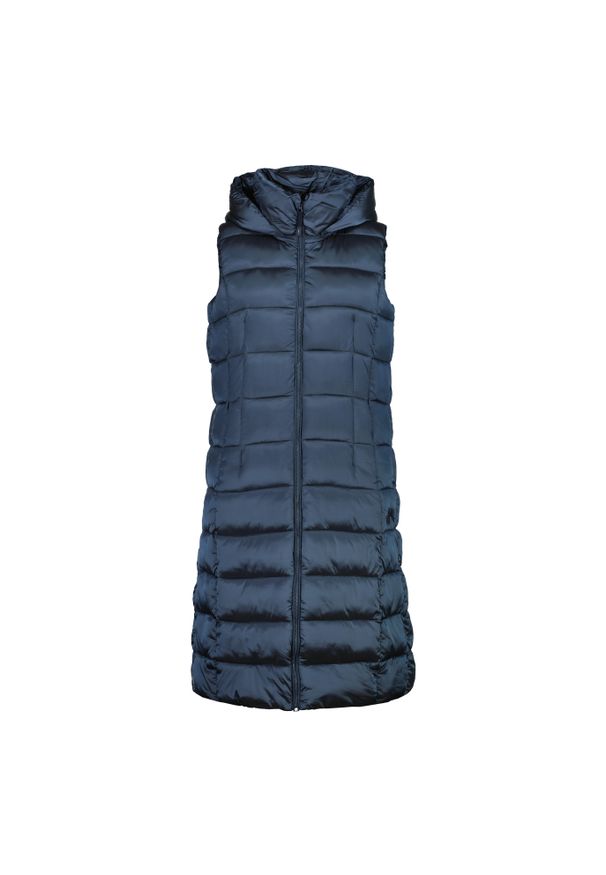 Długa bezrękawnik damski z kapturem CMP. Typ kołnierza: kaptur. Kolor: niebieski. Materiał: puch. Długość rękawa: bez rękawów. Długość: długie. Sezon: zima. Sport: narciarstwo