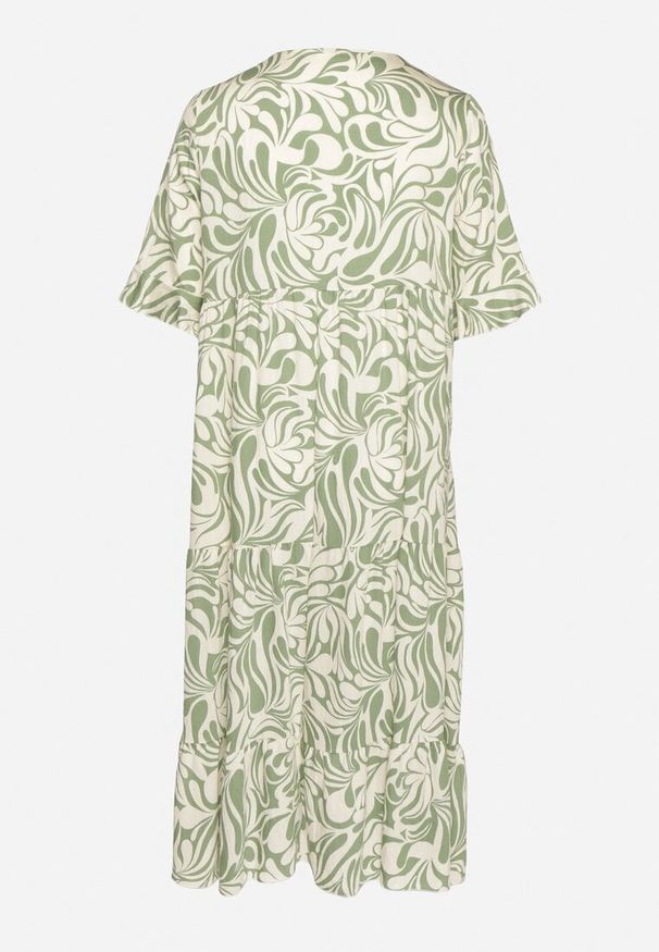 Born2be - Zielona Sukienka z Wiskozy o Prostym Kroju z Wiązaniem w Roślinny Wzór Edirania. Okazja: na co dzień. Typ kołnierza: dekolt w serek. Kolekcja: plus size. Kolor: zielony. Wzór: aplikacja. Typ sukienki: proste. Materiał: wiskoza. Długość rękawa: krótki rękaw. Styl: klasyczny, elegancki, casual