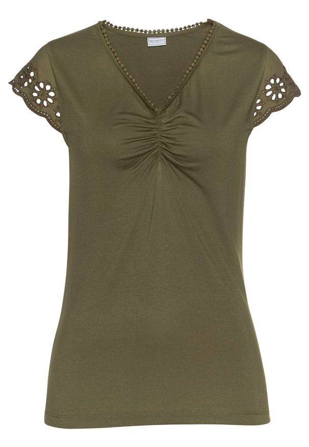 Shirt LENZING™ ECOVERO™ z koronką bonprix zielony khaki. Kolor: zielony. Materiał: koronka. Wzór: koronka