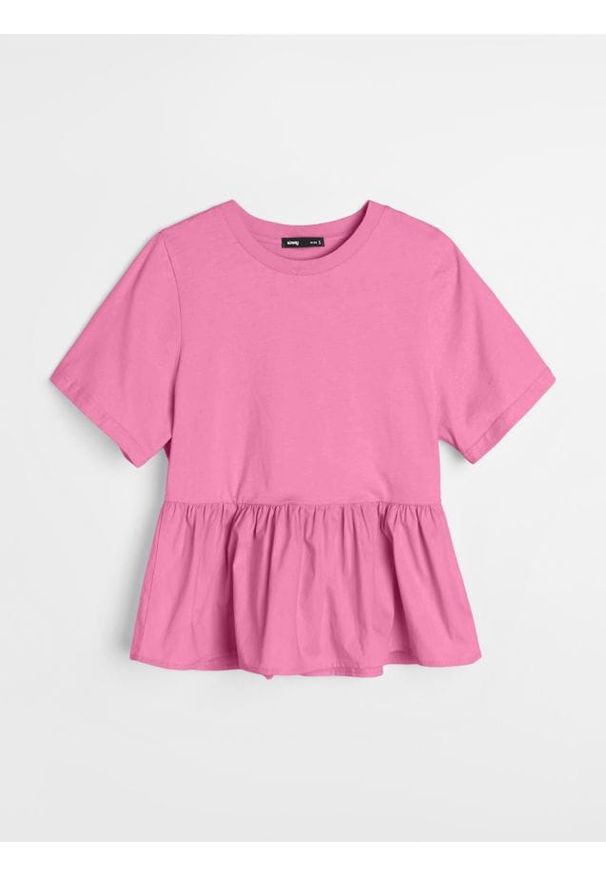 Sinsay - Gładka bawełniana bluzka z baskinką - różowy. Kolor: różowy. Materiał: bawełna. Wzór: gładki