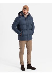Ombre Clothing - Kurtka męska puffer z podszewką w kratę – granatowa V1 - Rozmiar: S. Kolor: niebieski. Materiał: guma, poliester, materiał, bawełna, syntetyk, nylon. Długość: długie. Wzór: aplikacja #5