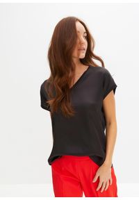 bonprix - Shirt z satynową wstawką. Kolor: czarny. Materiał: satyna