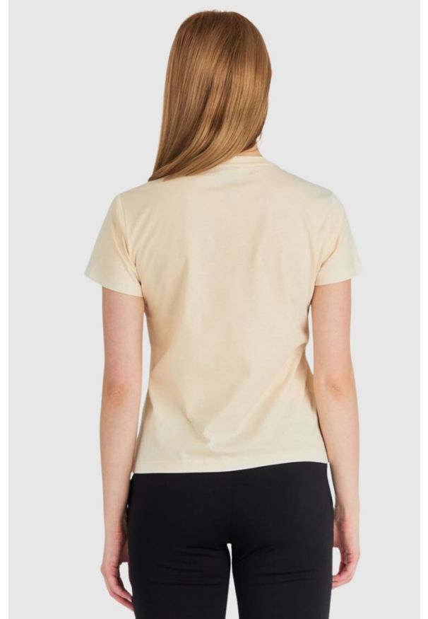 Pinko - PINKO Beżowy t-shirt damski z logo z cekinów, Rozmiar L. Kolor: beżowy. Materiał: prążkowany