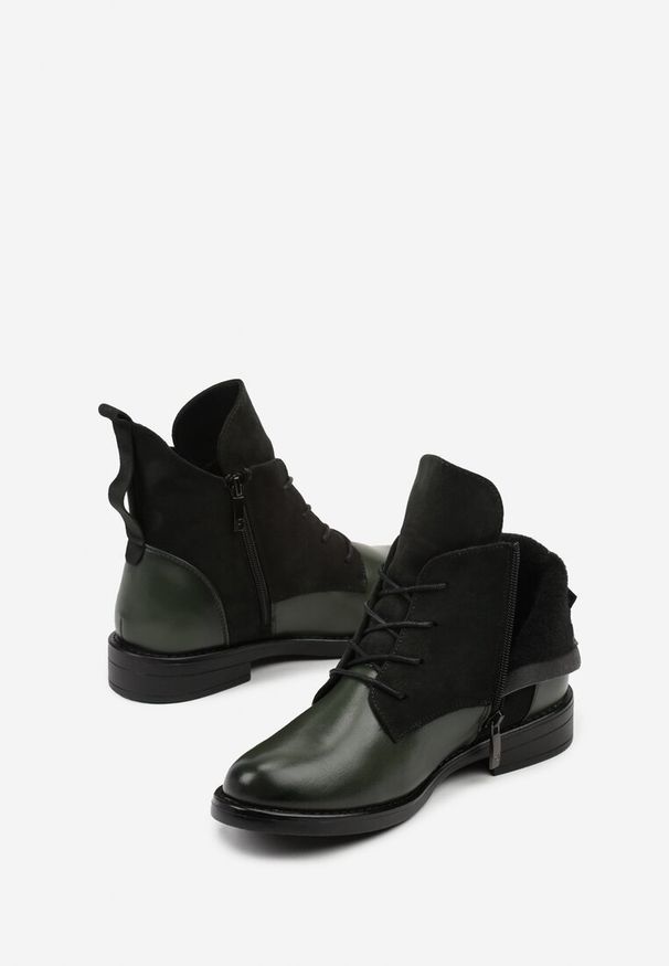 Born2be - Zielone Botki Potocki Typu Trzewiki z Geometrycznym Motywem Zerfa. Okazja: na co dzień. Kolor: zielony. Materiał: jeans. Wzór: geometria. Styl: casual, klasyczny