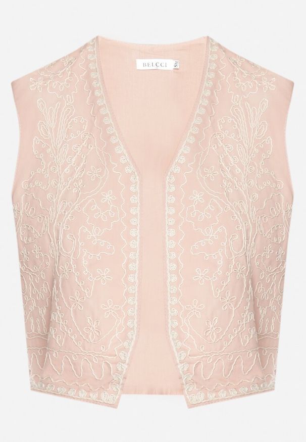 Born2be - Różowa Bawełniana Kamizelka Ozdobiona Haftem Belvanis. Okazja: na co dzień. Kolor: różowy. Materiał: bawełna. Wzór: aplikacja, haft. Styl: elegancki, casual