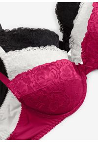bonprix - Biustonosz push up z delikatną koronką (3 szt.). Kolor: różowy. Materiał: bawełna, koronka. Rodzaj stanika: push-up. Wzór: koronka #2