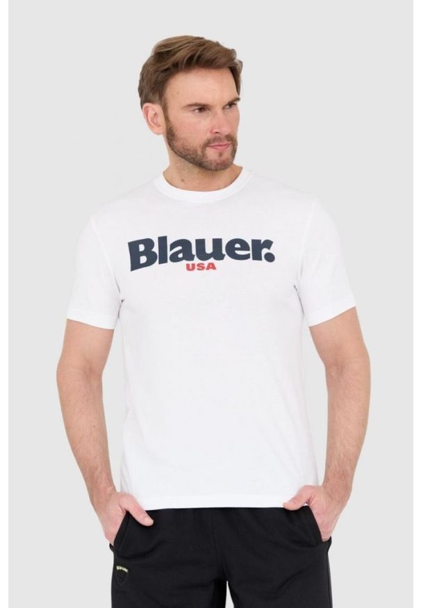 Blauer USA - BLAUER Biały męski t-shirt z dużym logo, Rozmiar L. Kolor: biały