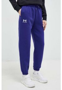 Under Armour spodnie dresowe damskie kolor granatowy gładkie. Stan: podwyższony. Kolor: niebieski. Materiał: dresówka. Wzór: gładki