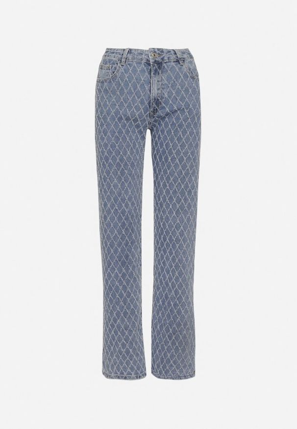 Born2be - Niebieskie Szerokie Bawełniane Jeansy z Wysokim Stanem ze Wzorem Rombów Tuzea. Okazja: na co dzień. Stan: podwyższony. Kolor: niebieski. Styl: casual, elegancki, klasyczny