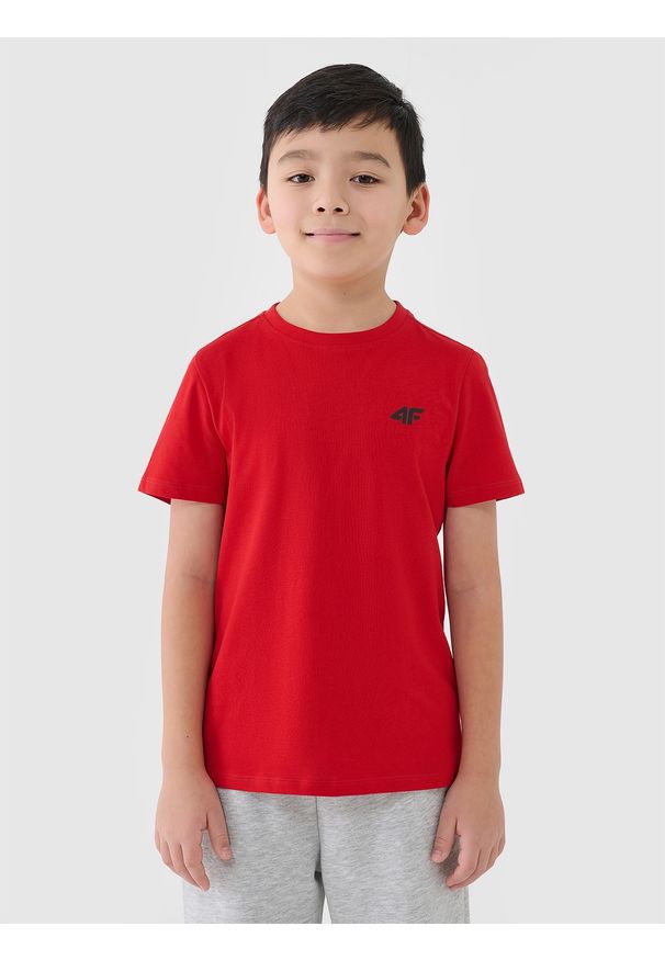 4f - 4F T-shirt regular gładki chłopięcy - czerwony 158 (12-13 lat). Okazja: na co dzień. Kolor: czerwony. Materiał: bawełna, dzianina, jersey. Długość rękawa: krótki rękaw. Długość: krótkie. Wzór: gładki. Sezon: lato. Styl: klasyczny, casual, sportowy