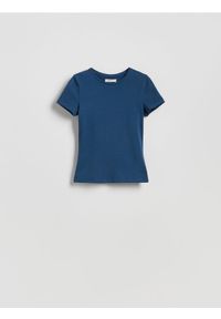 Reserved - Bawełniany t-shirt slim fit - granatowy. Kolor: niebieski. Materiał: bawełna
