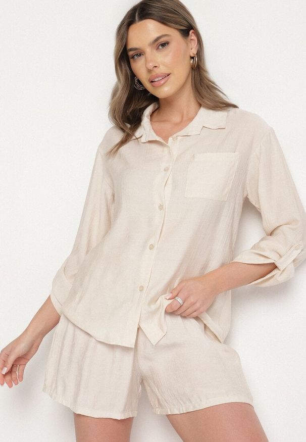 Born2be - Beżowy Komplet z Wiskozy Koszula z Długim Rękawem i Szorty z Gumką w Pasie Efralice. Kolor: beżowy. Materiał: wiskoza