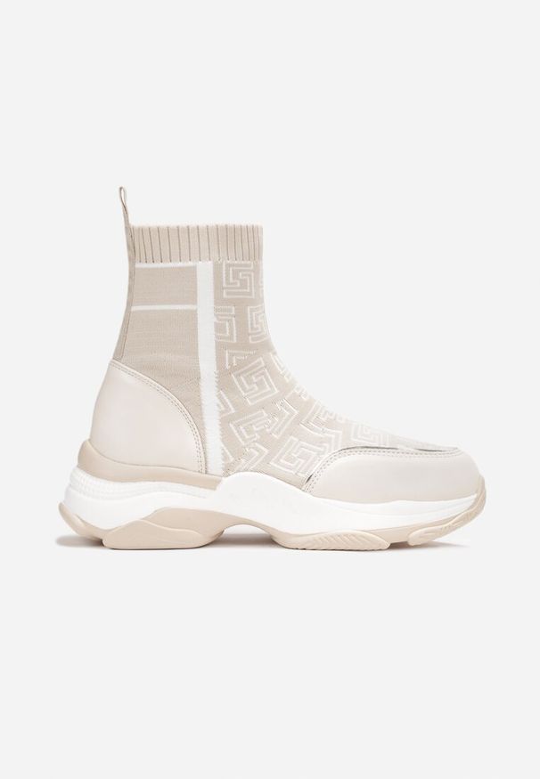 Born2be - Beżowe Sneakersy na Płaskiej Grubej Podeszwie ze Skarpetkową Cholewką Sonvala. Wysokość cholewki: za kostkę. Kolor: beżowy. Materiał: materiał. Szerokość cholewki: normalna. Obcas: na płaskiej podeszwie