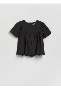 Reserved - Bluzka z ażurowym dołem - czarny. Kolor: czarny. Materiał: bawełna. Wzór: ażurowy #1