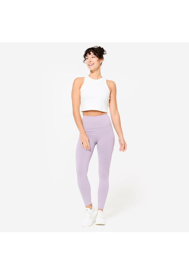 DOMYOS - Legginsy fitness damskie Domyos. Stan: podwyższony. Kolor: fioletowy. Materiał: bawełna, materiał, poliester, elastan. Sport: fitness