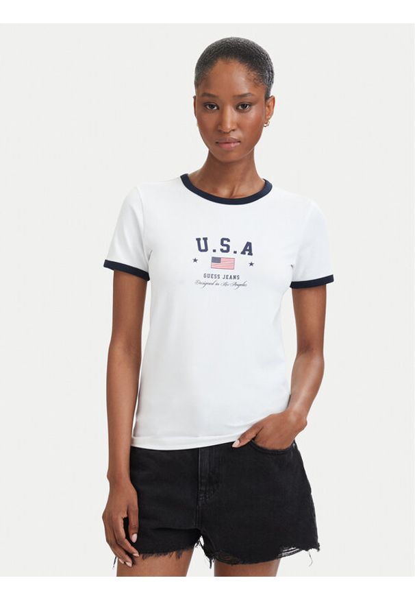 Guess Jeans T-Shirt W6YI16 K3995 Biały Slim Fit. Kolor: biały. Materiał: bawełna