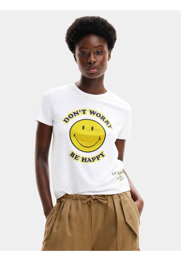 Desigual T-Shirt More SMILEY 24SWTKAL Biały Slim Fit. Kolor: biały. Materiał: bawełna