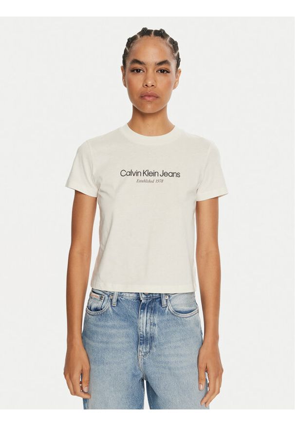 Calvin Klein Jeans T-Shirt J20J224914 Écru Regular Fit. Materiał: bawełna