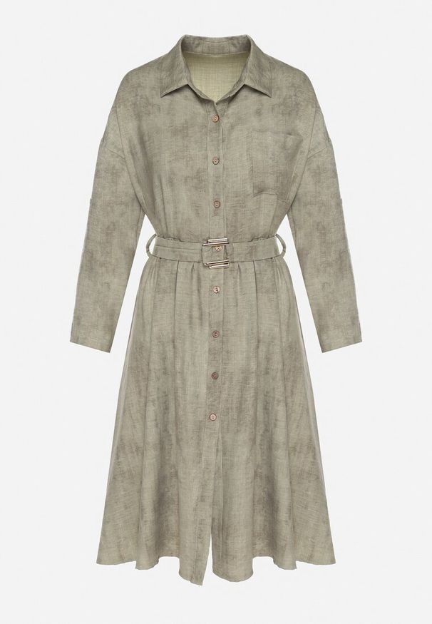 Born2be - Zielona Sukienka o Koszulowym Kroju z Paskiem z Klamrą Evelmio. Okazja: na co dzień. Typ kołnierza: kołnierzyk klasyczny. Kolor: zielony. Materiał: jeans. Długość rękawa: długi rękaw. Typ sukienki: koszulowe. Styl: elegancki, casual, klasyczny