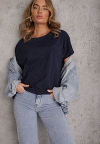 Renee - Granatowy T-shirt Basic Oversize z Bawełny Elusis. Okazja: na co dzień. Kolor: niebieski. Materiał: bawełna. Styl: elegancki, casual #1
