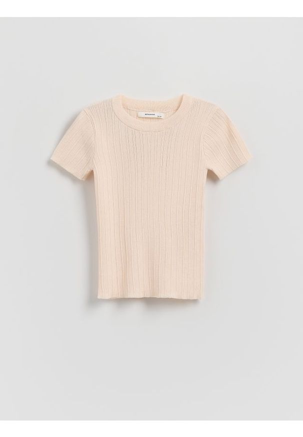 Reserved - Sweter z krótkim rękawem z wiskozą - pastelowy róż. Kolor: różowy. Materiał: wiskoza. Długość rękawa: krótki rękaw. Długość: krótkie