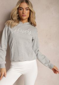 Renee - Szara Bluza z Ozdobnym Napisem i Kapturem Arseia. Okazja: na co dzień. Typ kołnierza: kaptur. Kolor: szary. Materiał: jeans. Wzór: napisy. Styl: casual