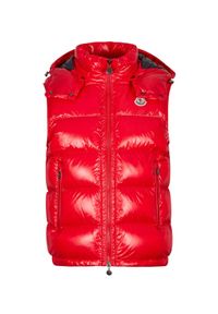 MONCLER - Czerwona kamizelka puchowa. Kolor: czerwony. Materiał: puch. Wzór: aplikacja #6