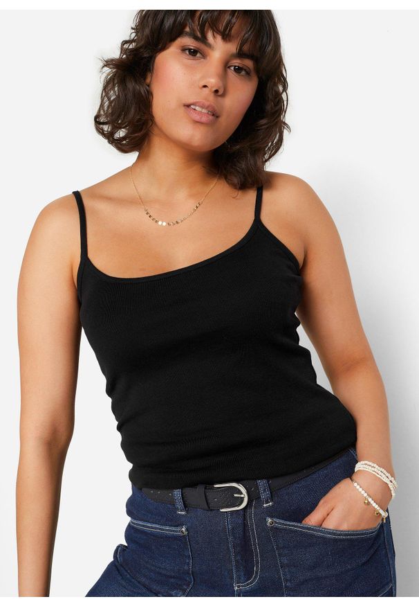 bonprix - Bawełniany top na cienkich ramiączkach (3 szt.). Kolor: czarny. Materiał: bawełna. Długość rękawa: na ramiączkach