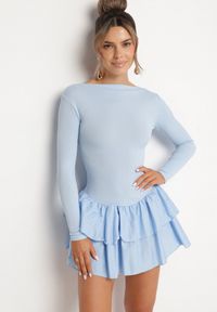 Born2be - Niebieska Rozkloszowana Sukienka z Długim Rękawem i Falbanką Reonaria. Okazja: na co dzień. Kolor: niebieski. Długość rękawa: długi rękaw. Styl: casual, elegancki #4