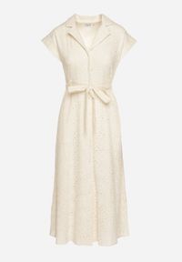 Born2be - Beżowa Bawełniana Ażurowa Sukienka na Guziki o Koszulowym Kroju Wiązana Paskiem Grosofia. Okazja: na co dzień. Kolor: beżowy. Materiał: bawełna. Wzór: ażurowy. Sezon: lato. Typ sukienki: koszulowe. Styl: casual, elegancki, klasyczny #3