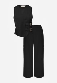 Born2be - Czarny Garniturowy Komplet ze Spodniami i Kamizelką z Asymetrycznym Zapięciem Panorea. Kolor: czarny. Wzór: paski #6