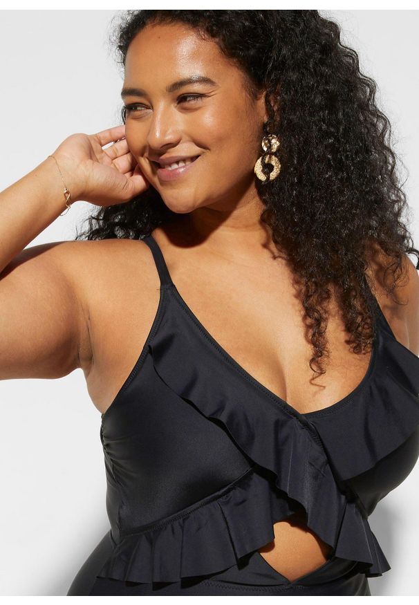 bonprix - Kostium kąpielowy z wycięciem i falbankami. Kolor: zielony