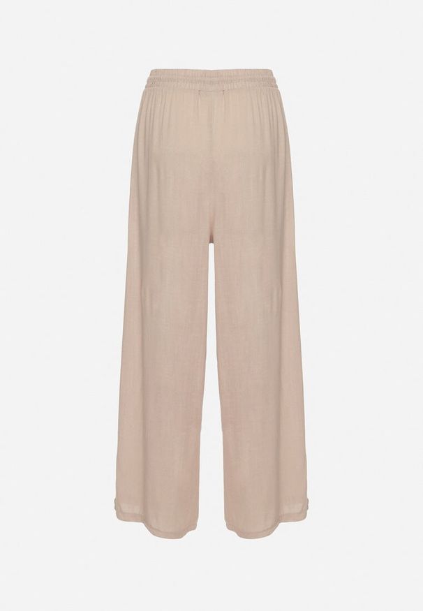 Born2be - Ciemnobeżowe Spodnie Bawełniane Szerokie z Gumką w Pasie Efranica. Okazja: na co dzień. Kolor: beżowy. Materiał: bawełna. Styl: elegancki, casual