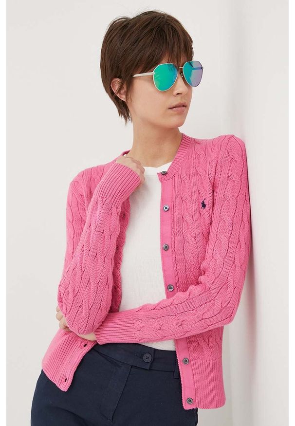 Polo Ralph Lauren kardigan bawełniany damski kolor różowy. Typ kołnierza: polo. Kolor: różowy. Materiał: bawełna. Długość rękawa: długi rękaw. Długość: długie. Wzór: ze splotem
