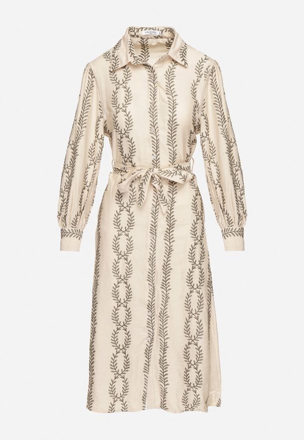 Born2be - Beżowa Koszulowa Sukienka z Wiskozy z Wiązanym Paskiem Zdobiona Haftem Rallisia. Okazja: na co dzień. Kolor: beżowy. Materiał: wiskoza. Wzór: haft, aplikacja. Typ sukienki: koszulowe. Styl: klasyczny, casual, elegancki