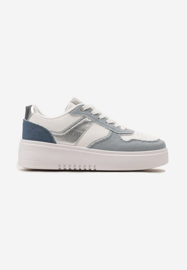 Renee - Biało-Niebieskie Sneakersy na Platformie z Brokatowymi Akcentami Sellona. Nosek buta: okrągły. Zapięcie: sznurówki. Kolor: biały. Materiał: materiał. Obcas: na platformie. Wysokość obcasa: niski