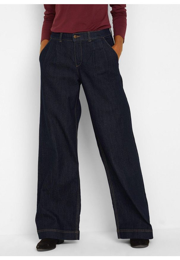 bonprix - Dżinsy o kroju wide leg, high waist z wygodnym pasem. Stan: podwyższony. Kolor: niebieski. Styl: elegancki