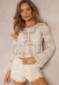 Renee - Beżowa Bluzka z Szydełkowej Bawełny z Ozdobną Falbaną Vemni. Okazja: na co dzień. Kolor: beżowy. Materiał: bawełna. Styl: casual