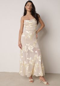 Born2be - Beżowa Koktajlowa Sukienka Siateczkowa z Odkrytymi Plecami z Wiązaniem Cezelle. Kolor: beżowy. Materiał: materiał. Wzór: kwiaty, aplikacja. Styl: wizytowy #7