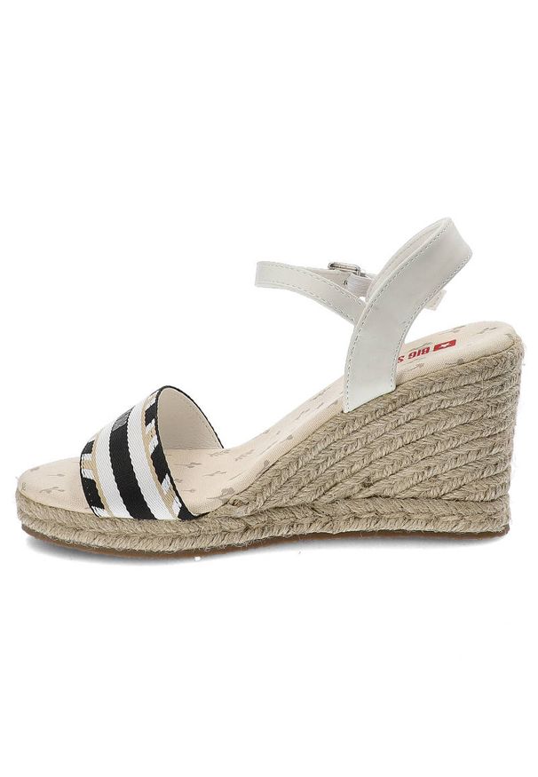 Big-Star - Białe Sandały Big Star Modne Espadryle Damskie. Okazja: na co dzień. Zapięcie: pasek. Kolor: biały. Szerokość cholewki: normalna. Wzór: paski, aplikacja, nadruk. Materiał: materiał. Sezon: lato. Obcas: na koturnie. Styl: casual, wakacyjny